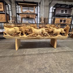 Unique Hand-carved Horse Dining Table With Glass Top