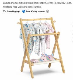 Bamboohomie Kids Clothing Rack, Baby Clothes Rack with 2 Rods, Foldable Kids Dress Up Rack, Natural