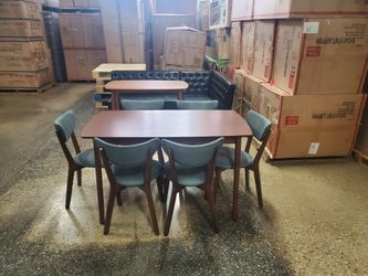 Mid-century Modern Style 7pc Dining Set With 6 Fabric Chairs 