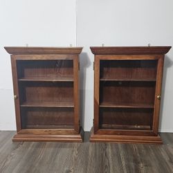 Pair of Bartley Collection Ltd. Solid Cherry Collector's Curio Figurines Glass Door Display Wall Hanging Cabinets with mounting brace but no hardware.
