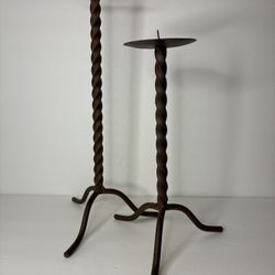 Pair Forged Iron Twist Pillar Candle Holders – Rustic / Gothic
