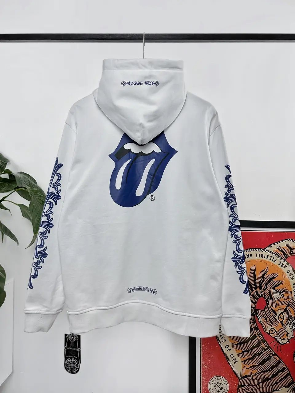 Chrome Rolling Stones Hearts Zip Up Hoodie Blue Lips Denim Jean Tears Hooded Jacket Coat Limited Edition Las Vegas Small S Medium M Large L XL