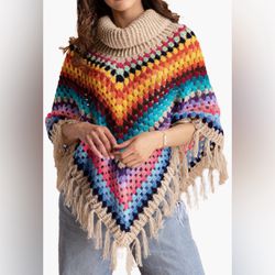 SAACHI Earth to Sky Rainbow Stripe Crochet Poncho NWT One Size