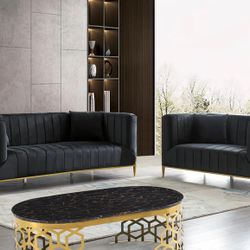 Modern Tufted Black And Gold Velvet Sofa And Loveseat 
