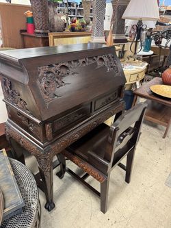 Antique Carved Wood Secretary Desk with Chair