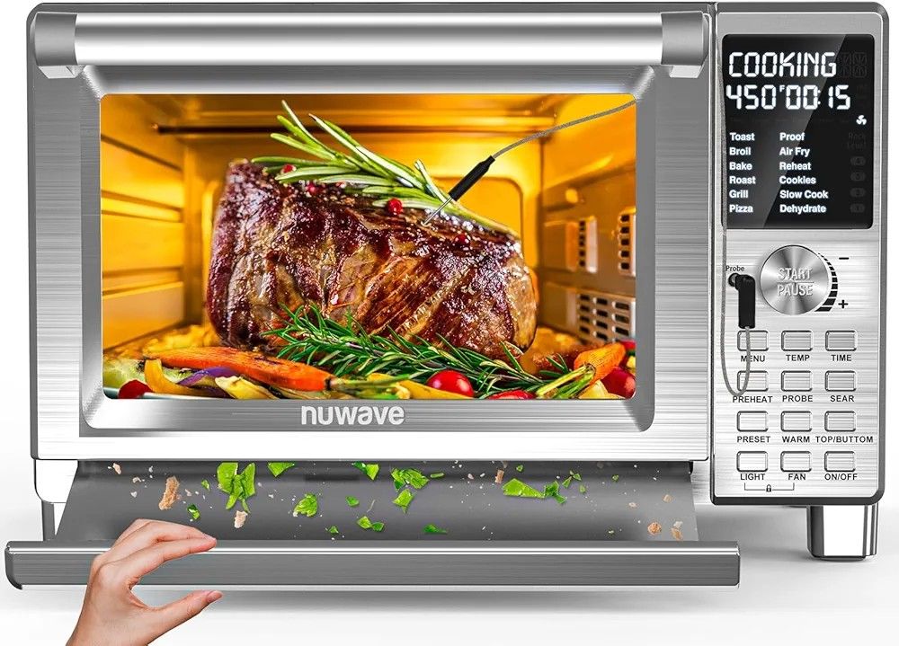 Nuwave Bravo XL Pro Air Fryer Toaster Oven, Improved 100% Super Convection, Quicker & Crispier Results, 100 Presets, Multi-Layer Even Cooking, 50-500F