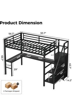 Metal Gamer Loft Bed with L-Shaped Desk and Storage Stairs