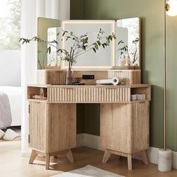 Grooved Makeup Desk with 3-Way Mirror and Lights, 48 ​​Inch Large Corner Vanity Table with Glass Top, Charging Station, 3 Drawers, Dressing Table Cabi