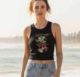 Ed Hardy Tank Top Women’s Small Black Cropped Racerback