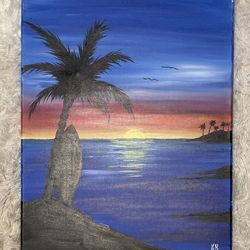 Original Hand-Painted Beach Sunset Canvas – Palm Tree & Surfboard Art
