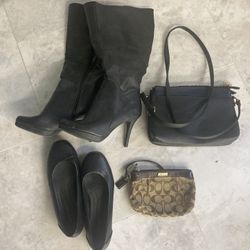 Boots, Flats, Coach Clutch, Black Purse 