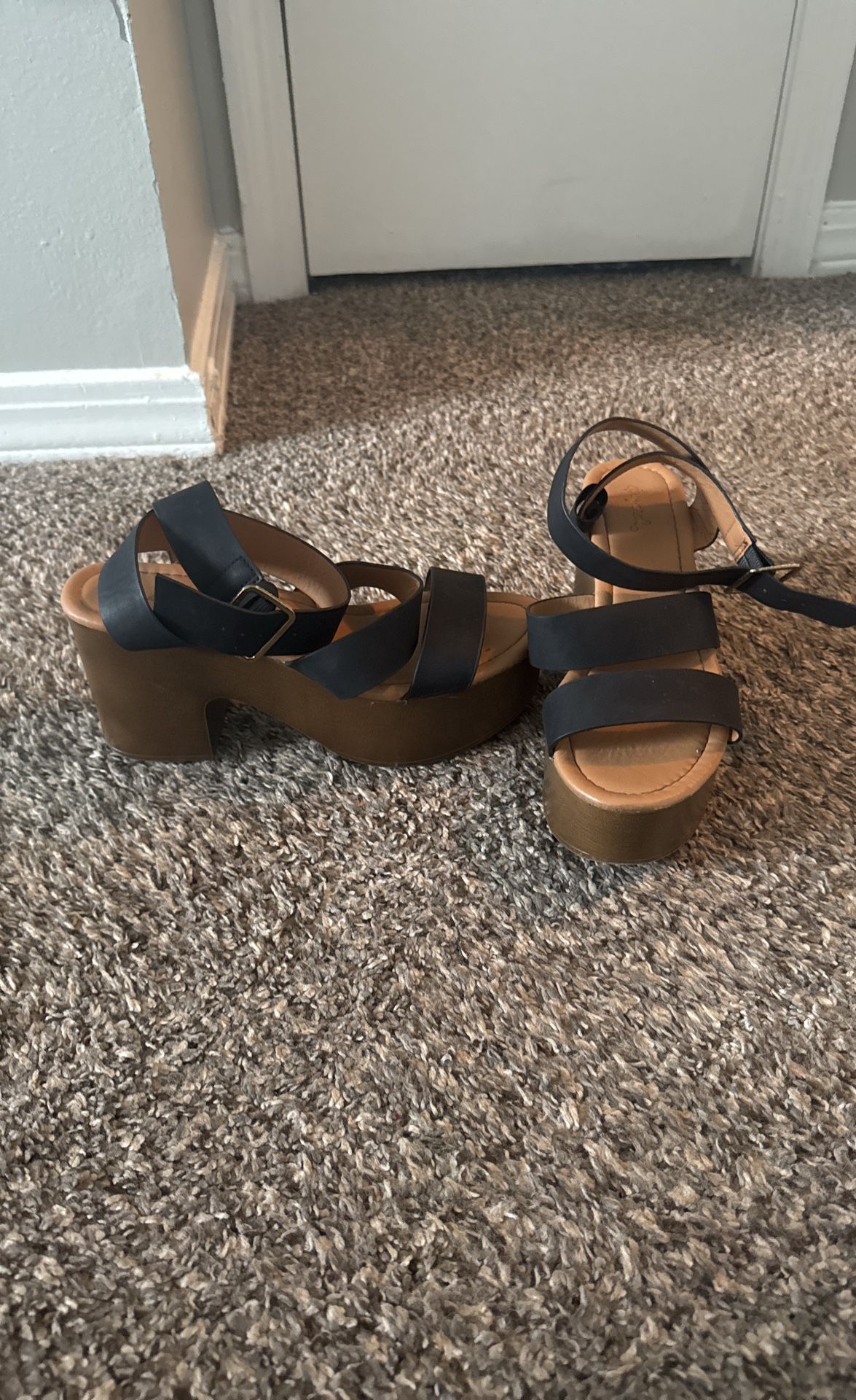 Black Nubuck Platform Sandals Wood Heels