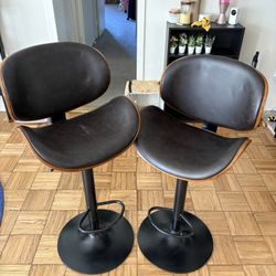 Pair of Adjustable Bar Stools (Faux Leather + Wood)