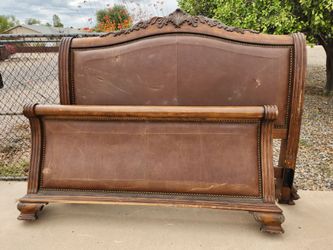 Carved Wood Leather Upholstery KING Sleigh Bed