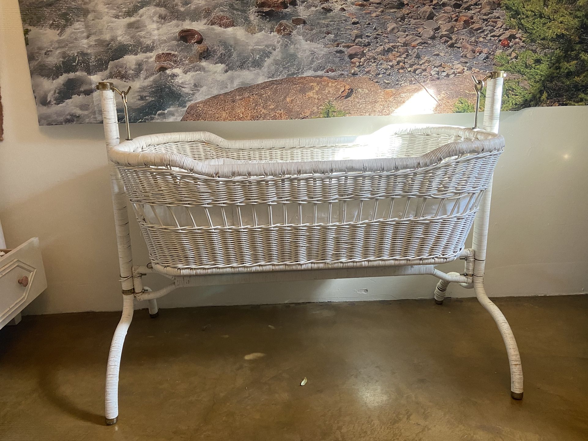 Vintage Woven White Wicker Baby Bassinet