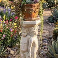 Vintage Cherub Pedestal - Weathered 'Chippy' Patina Garden plant Stand