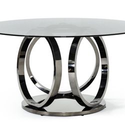 MODERN MIAMI SMOKED GLASS & BLACK STAINLESS STEEL ROUND DINING TABLE