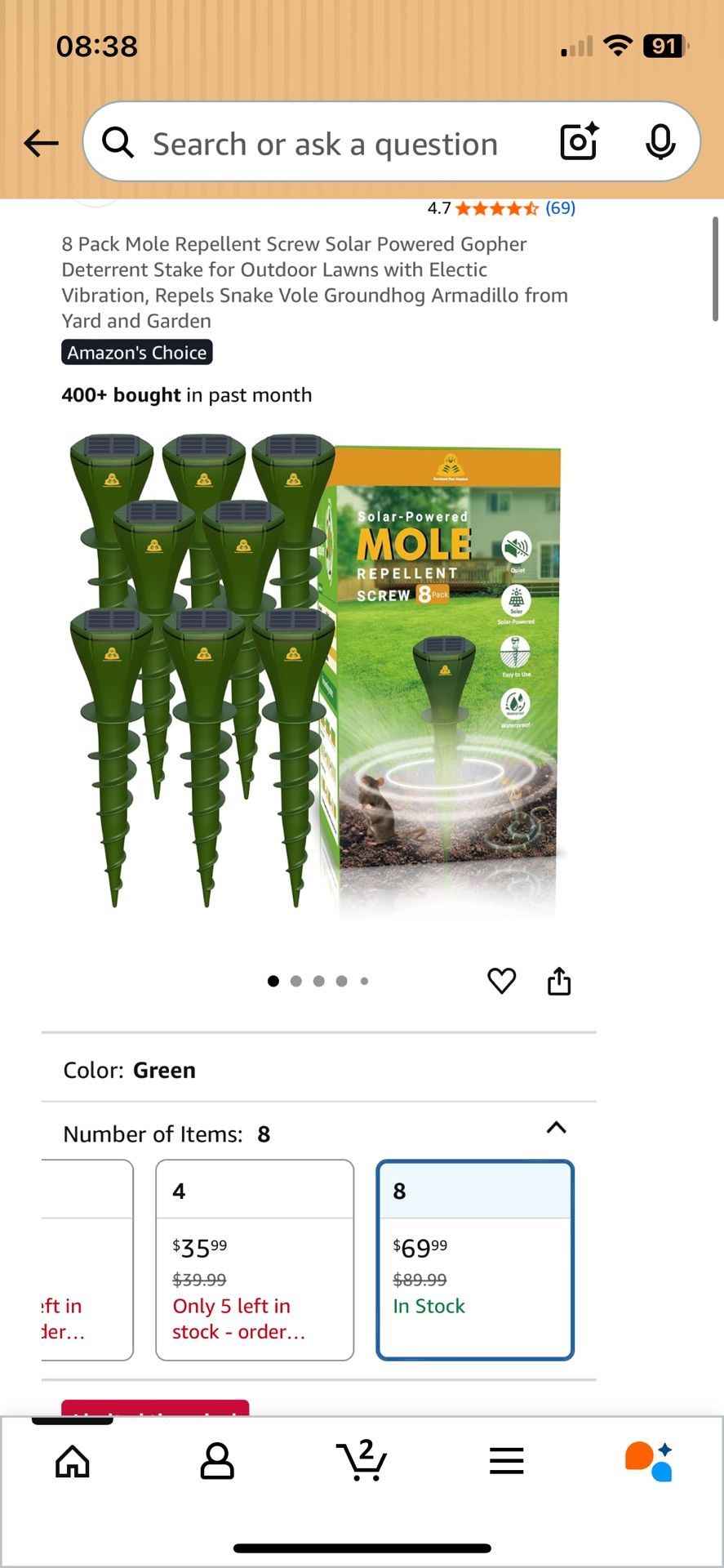 8 Pack Mole Repellent Screw Solar Powered Gopher Deterrent Stake for Outdoor Lawns with Electic Vibration, Repels Snake Vole Groundhog Armadillo from