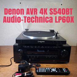 Denon Bluetooth AVR S540BT 4K Receiver With Remote & Audio-Technica LP60X PreAmp Turntable 