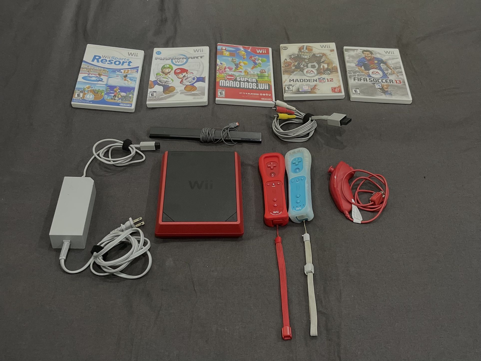 Nintendo Wii Console Red RVL-201 Bundle,2 Remotes, Nunchuk, Sensor Bar + 5 Games