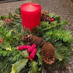 candle artificial greenery, large with red pillar candle