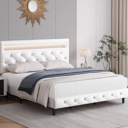 Modern Upholstered Full Size Bed Frame with LED Lights, Faux Leather Low Profile Platform Bed Frame, Adjustable Crystal Button Tufted Headboard, Stron