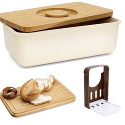 Bread Box With Bamboo Wood Cutting Board Lid & Bread Slicer Holder