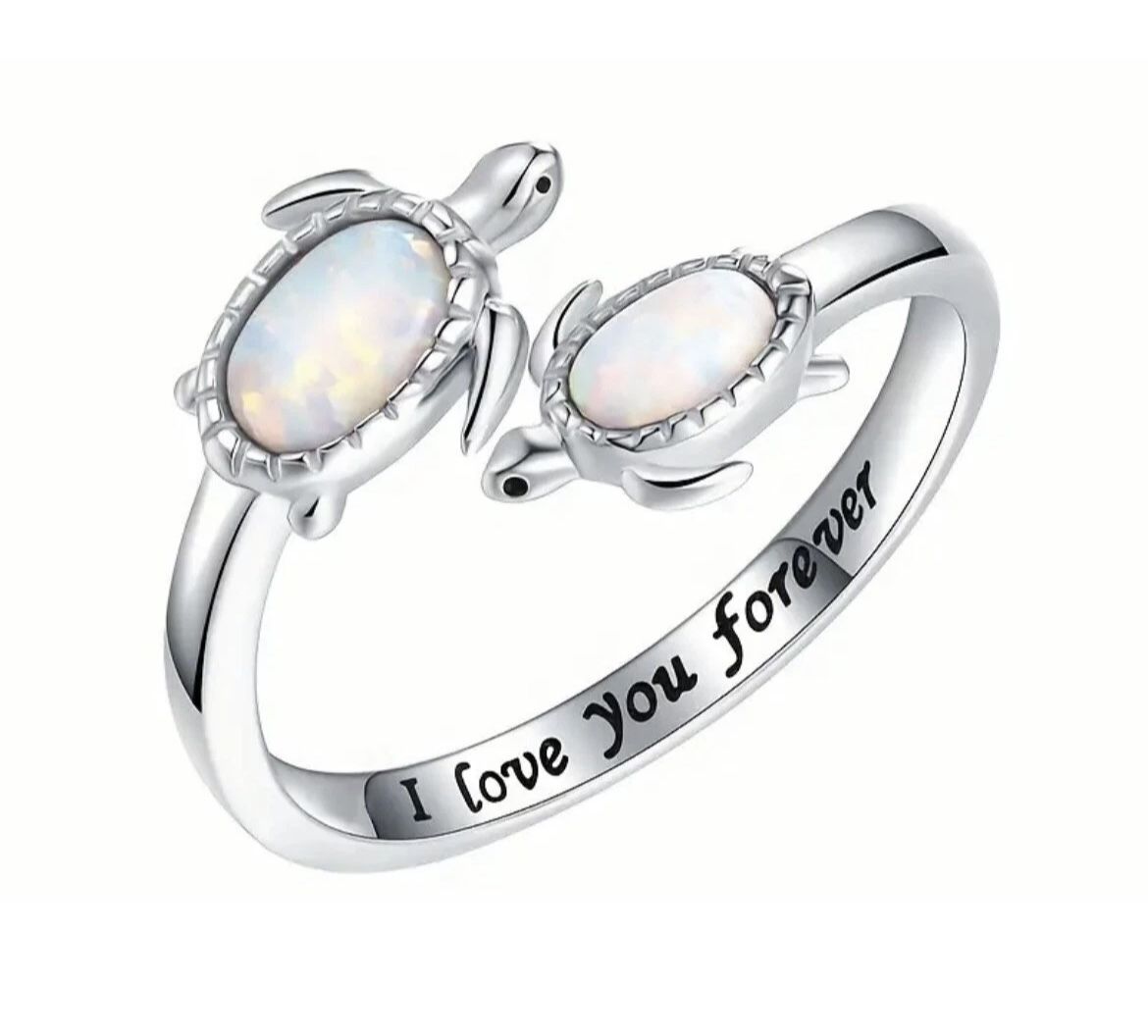 Turtle Silver Wedding Ring Adjustable Stamped With "I Love You Forever"