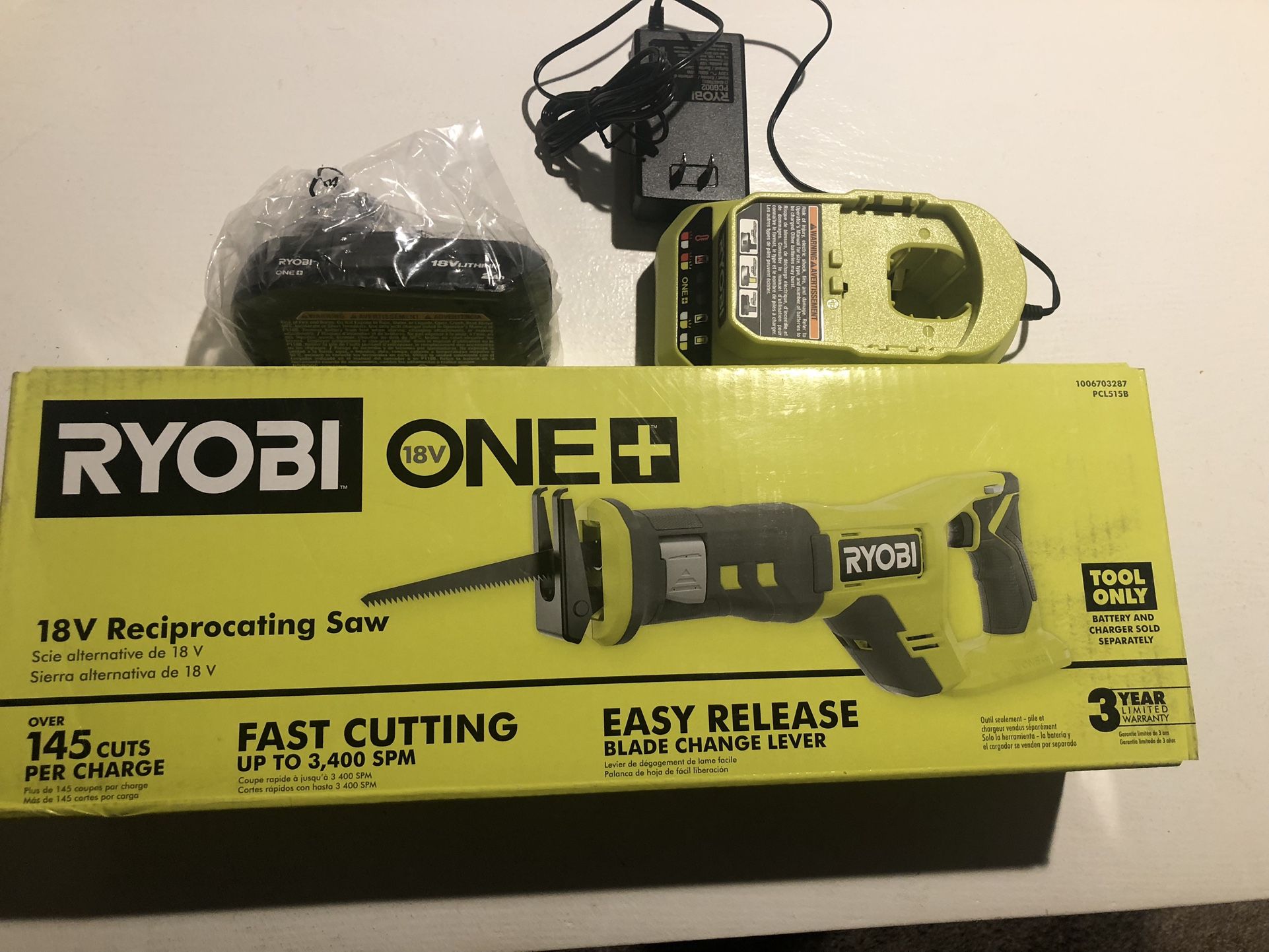 Brand New RYOBI ONE+ 18V Cordless Reciprocating Saw With 2AH Battery And Charger