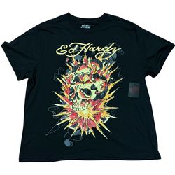Don Ed Hardy Designs Exploding Skull Graphic T Shirt Black Crew Men’s
