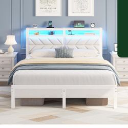 Seventable Bed Frame Queen Size with Charging Station, LED Bed with Upholstered Storage Headboard,