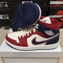 Nike Air Jordan 1 Mid Gym Red Sail White Blue DQ7648-600 Womens Size 10.5/ 9 Mens Brand New