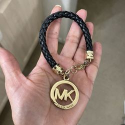 Michael Kors Black Patent Leather Braided Bracelet with Gold Logo Charm**