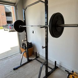 Adjustable squat rack/ bench press weight rack + weights