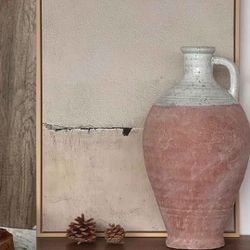 Pink Rustic Pitcher 15 Inch Large Tall Ceramic Farmhouse Terracotta Vase with Handle, Brown White Clay Stone Flower Vase, Boho Wabi Sabi