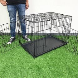 (Brand New) $50 Double Door 36” Dog Crate Kennel Metal Folding Pet Cage Plastic Tray, 36x23x25 Inches