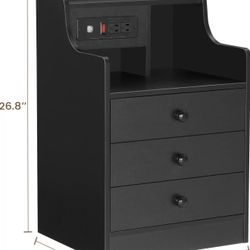 🥨1Pcs ADORNEVE Nightstand with Charging Station,Black Night Stand for Bedroom,End Table with Hutch & Storage Drawer