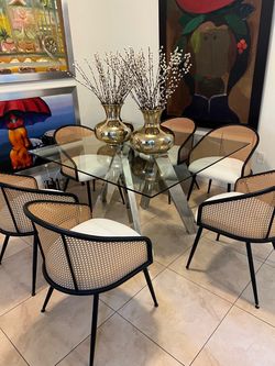 Glass Top Dining Table with 6 Cane Chairs