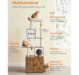 Feandrea Cat Tree with Litter Box Enclosure, 2-in-1 Modern Cat Tower, 72.8-Inch Tall Cat Condo with Scratching Posts, Perch, Caves, Basket