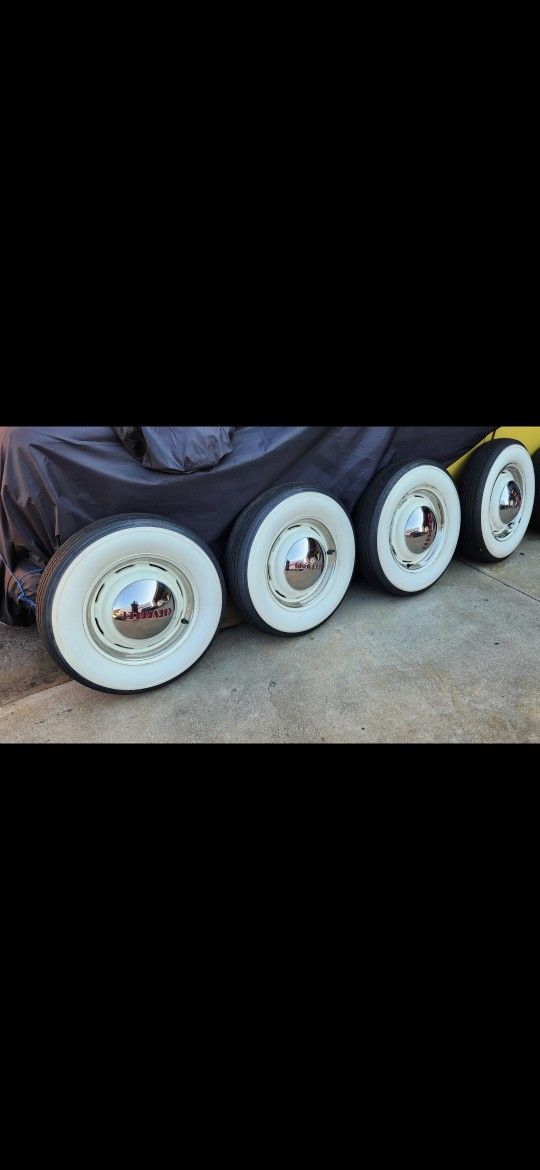 White Wall Tires And 2 Sets Of Rims ,rings,caps 6 Lug 48 Chevy Truck And 61 C10 1400 OBO