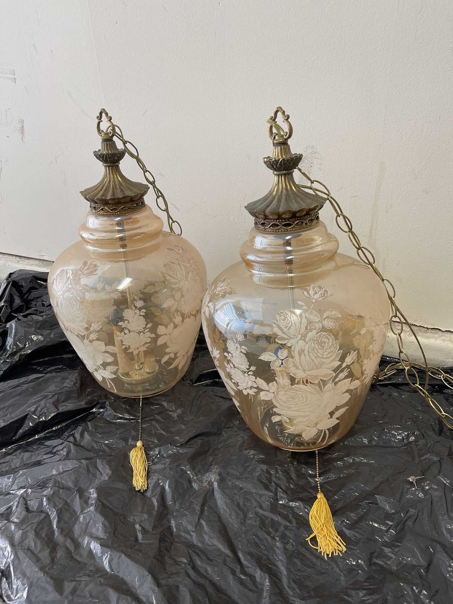 Large Hanging Vintage Falkinstein Glass Lamps (2) With Etched Roses.