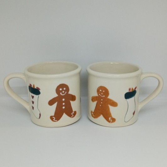 Set of 2 Vintage 1982 Hartstone Pottery HTF GINGERBREAD STOCKING Mugs 12oz READ