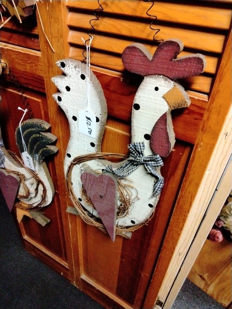 Vintage Rustic Wooden Chicken And Rooster