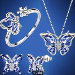 Beautiful 3 Piece Blue Set W Adjustable Ring