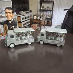 Set Of 2 Christmas Village Market Metal Plant Van, Truck Toys By Wonder Shop 