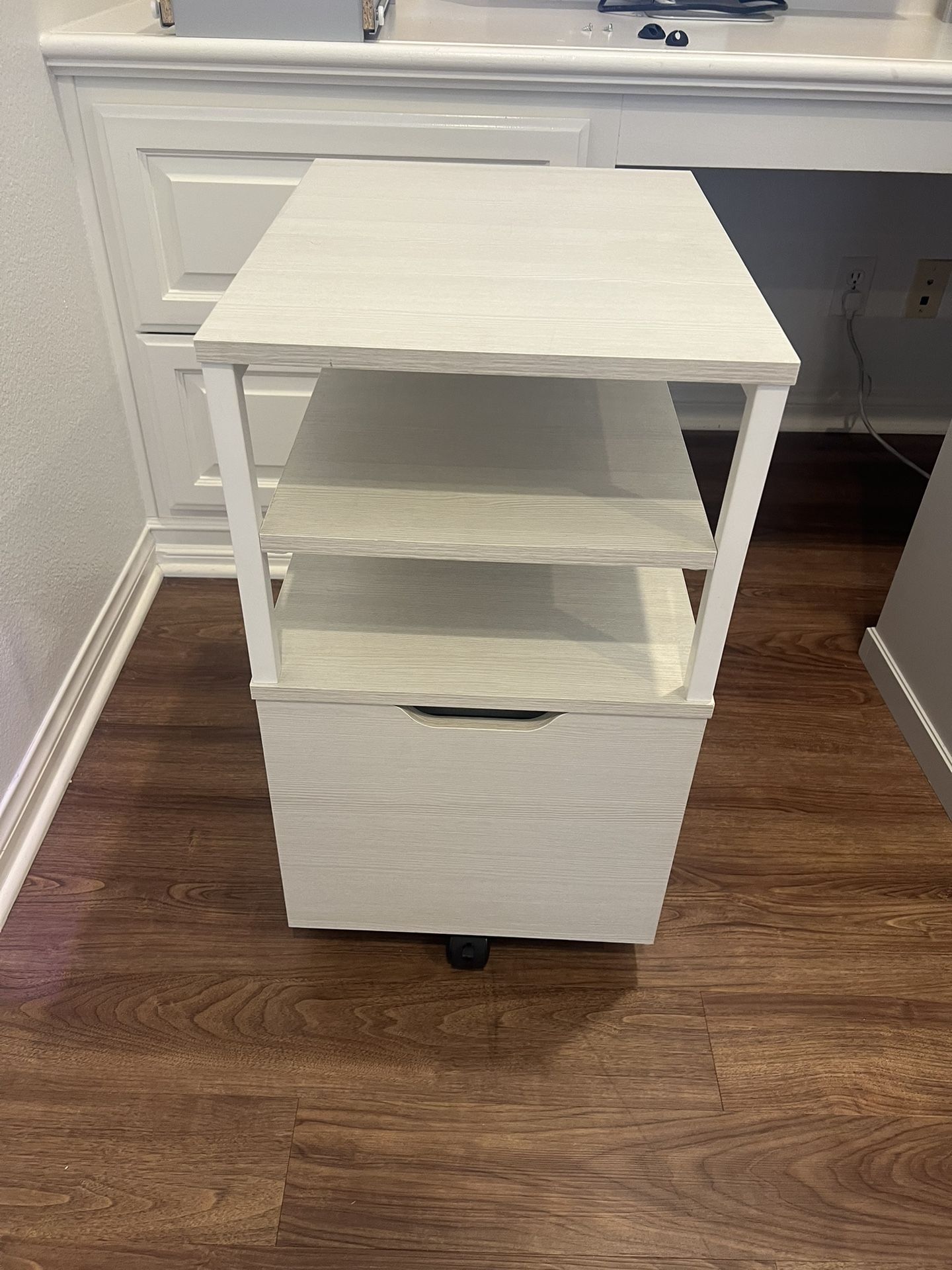 Modern White Rolling File Cabinet with Shelves – Good Condition