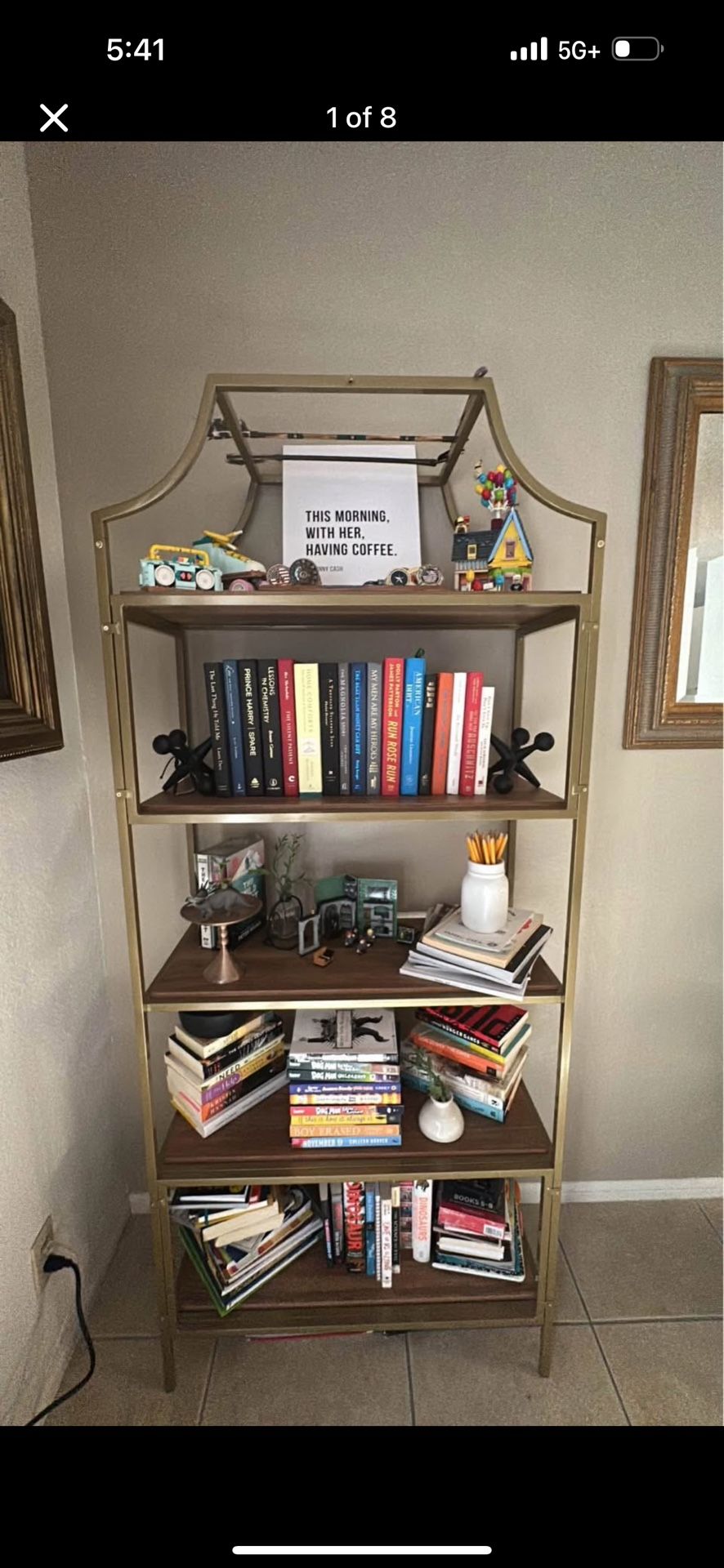 Wood Bookshelf W/ Satin Gold Finish