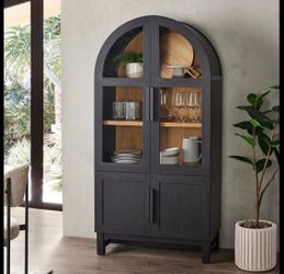 Arched Black Wood Display Cabinet Hutch
