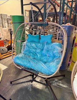New Swing Hanging Double Birdcage Egg Chair with Stand Indoor Outdoor 700 Ibs Capacity available turquoise blue and dark