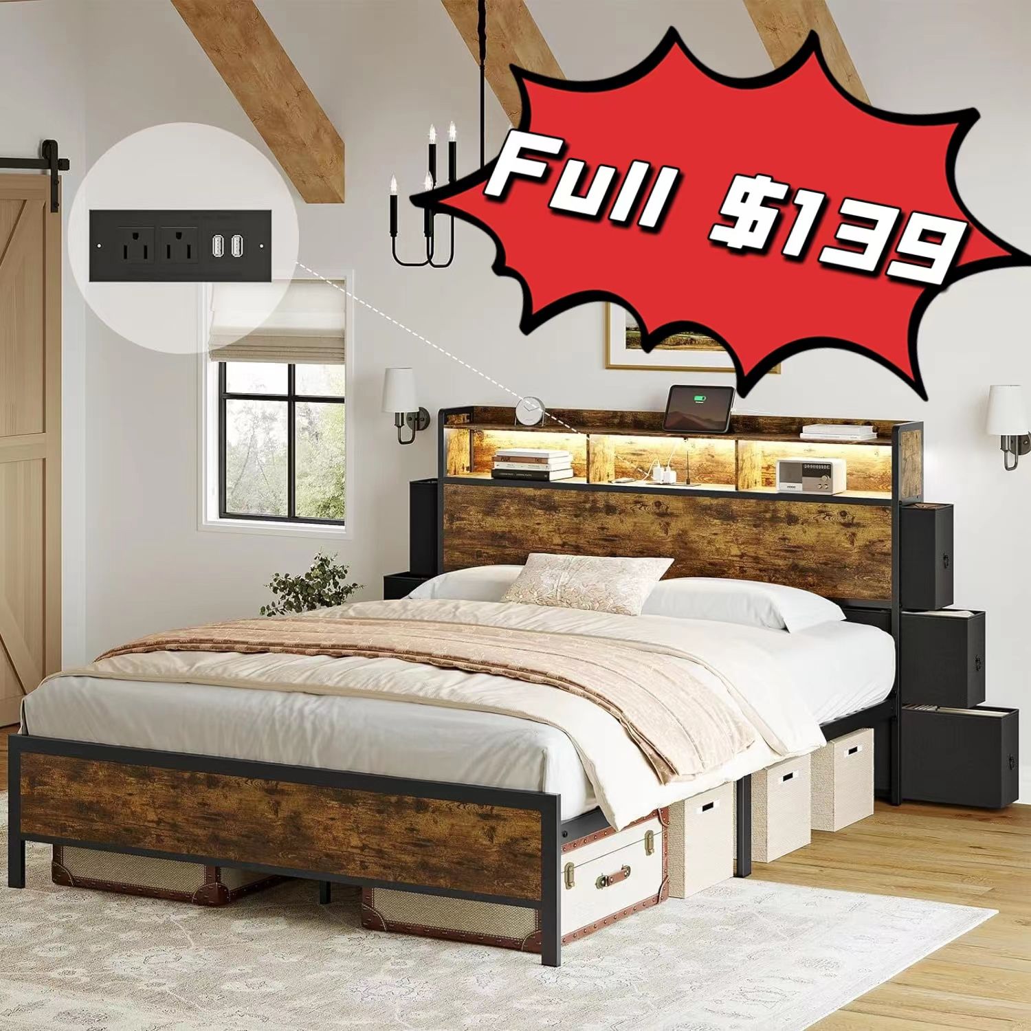 Full Bed Frame with Bookcase Headboard and 6 Headboard Storage Drawers LED Lights Metal Platform Non-Slip Without Noise Metal Slats Support No Box Spr